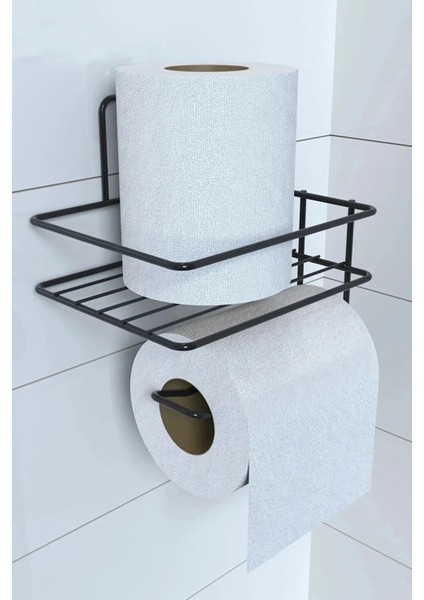 Bfs Kendiliğinden Yapışkanlı Tuvalet Kağıdı Tutacağı ve Yedek Raf - Siyah Modern Metal Tasarım