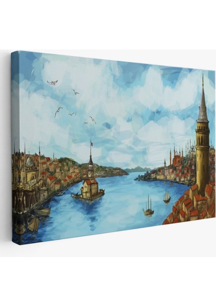 Boğaz Kız Kulesi ve Galata Kulesi Dekoratif Kanvas Tablo, Duvar Dekoru 6506