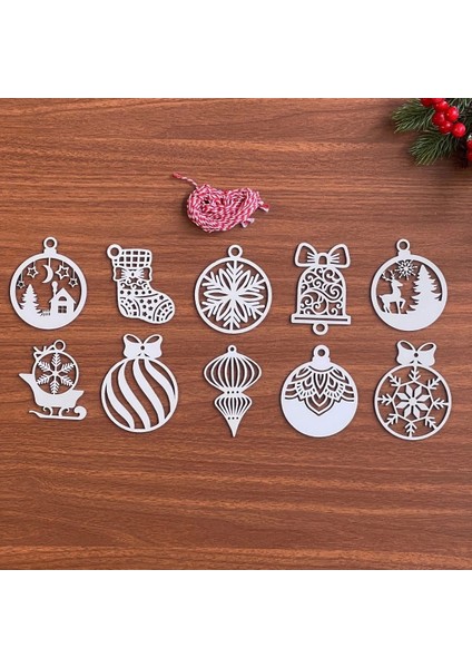 Bfs 10 Parça Kırmızı Beyaz Ipli Karışık Model Ahşap Yılbaşı Ağaç Süsü