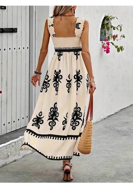 Kadın Askılı Kare Yaka Gipe Detaylı Desenli Suprem Elbise fiyatları