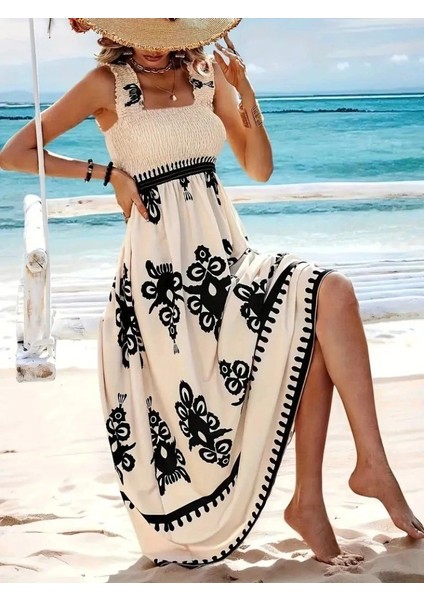 Kadın Askılı Kare Yaka Gipe Detaylı Desenli Suprem Elbise modelleri