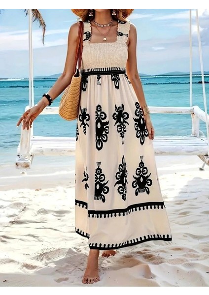 Kadın Askılı Kare Yaka Gipe Detaylı Desenli Suprem Elbise fırsatları