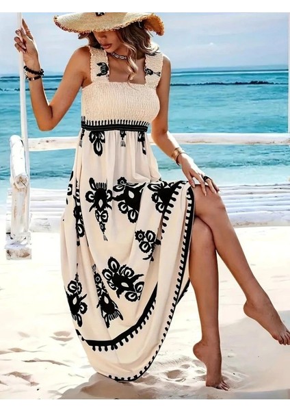 Kadın Askılı Kare Yaka Gipe Detaylı Desenli Suprem Elbise indirimleri