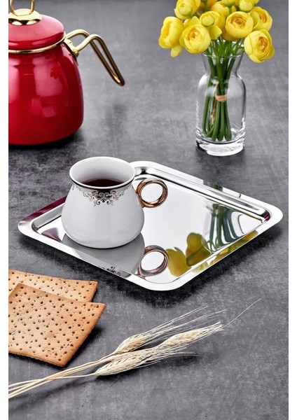 6'lı Lüx Kare Paslanmaz Çelik Tepsi Seti, 21X21CM, Gümüş Renk, Kahve ve Sunum Için