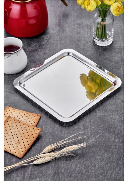 6'lı Lüx Kare Paslanmaz Çelik Tepsi Seti, 21X21CM, Gümüş Renk, Kahve ve Sunum Için fiyatları