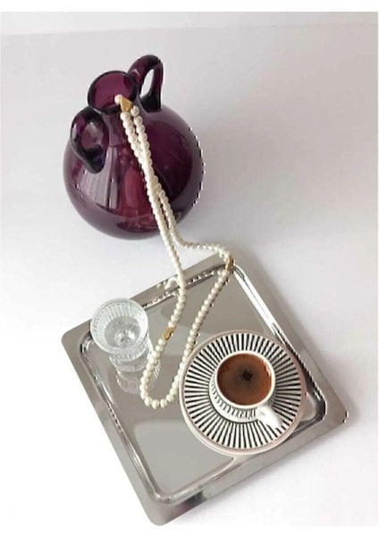 6'lı Lüx Kare Paslanmaz Çelik Tepsi Seti, 21X21CM, Gümüş Renk, Kahve ve Sunum Için modelleri