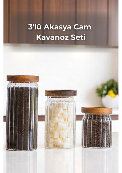 3'lü Vakumlu Akasya Kapaklı Cam Kavanoz Seti, Saklama ve Erzak Için Mükemmel Tercih