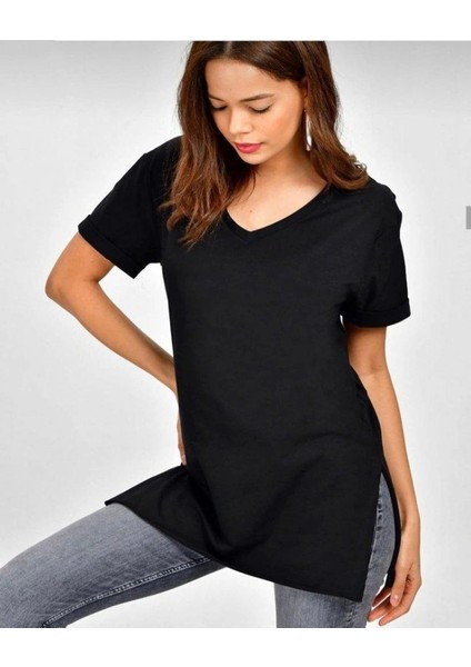 Kadın Kısa Kollu V Yaka Yanları Yırtmaç Detay Penye Bluz