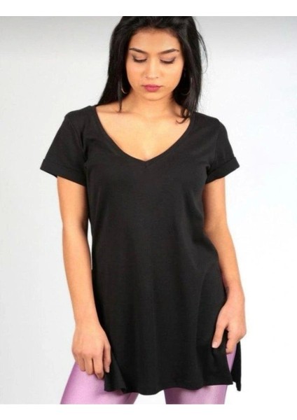 Kadın Kısa Kollu V Yaka Yanları Yırtmaç Detay Penye Bluz fiyatları