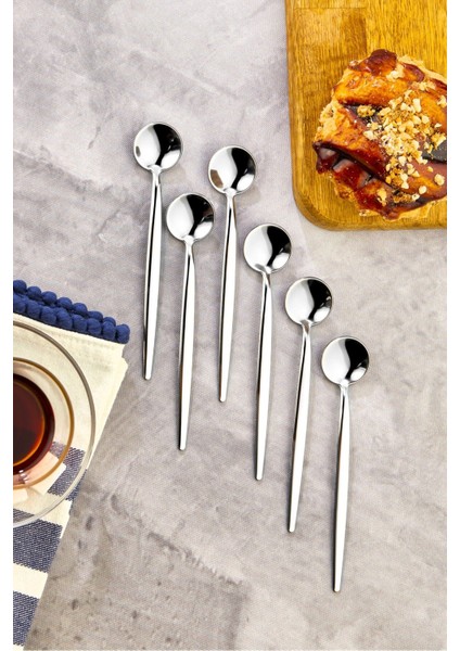 6'lı 18/10 Paslanmaz Yuvarlak Gümüş Çay Kaşığı, 13 Cm, Dayanıklı ve Şık Tasarım