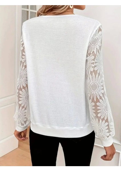 V Yaka Fistolu Kolu Tül Detaylı Bluz -Beyaz modelleri
