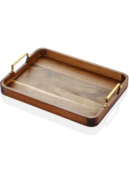 Siyah Metal Kollu Akasya Tepsi 38X28 Cm, Şık ve Dayanıklı Mutfak Aksesuarı