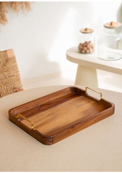 Siyah Metal Kollu Akasya Tepsi 38X28 Cm, Şık ve Dayanıklı Mutfak Aksesuarı fiyatları