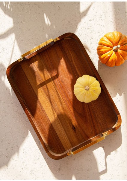 Siyah Metal Kollu Akasya Tepsi 38X28 Cm, Şık ve Dayanıklı Mutfak Aksesuarı fırsatları