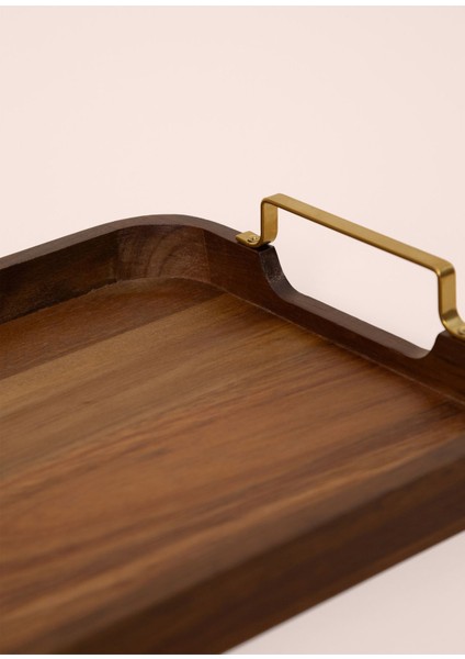 Siyah Metal Kollu Akasya Tepsi 38X28 Cm, Şık ve Dayanıklı Mutfak Aksesuarı