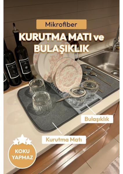 Yumuşak Mikrofiber Matlı Bulaşıklık ve Kurutma Sepeti, Gri Renk