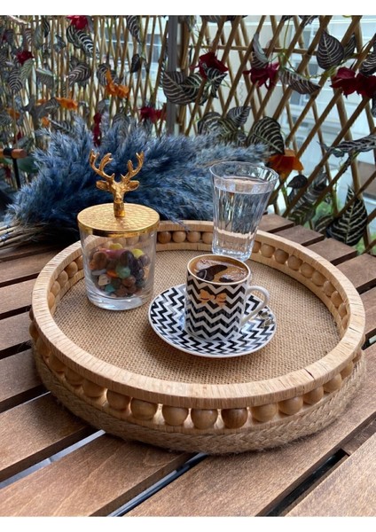 Ahşap Hasır Dekoratif Sepet, Mutfak Sunumluk ve Tepsi, Çap 27 Cm, Bej