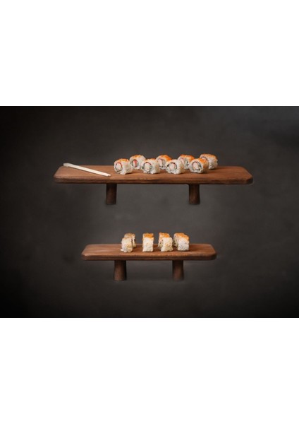 Büyük Boy 2'li Ahşap Sunum Tabağı, Silindir Ayak, Kahverengi, Şık ve Zarif Tasarım