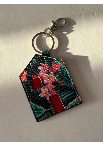 -Berekethane Çiçekli Ev Suni Deri Anahtarlık, Bag Charm,çanta Süsü
