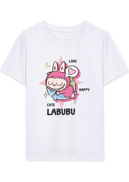 Kız Labubu Çocuk Baskılı T-Shirt - Beyaz