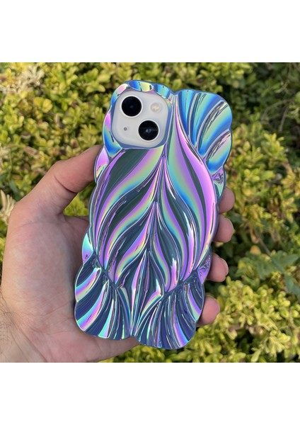 iPhone 15 Kılıf Yaprak Desenli Hologramlı Parlak Darbe Önleyici Silikon Kapak