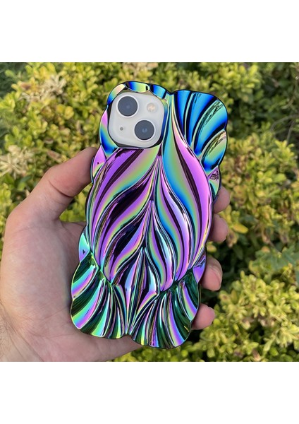 iPhone 15 Kılıf Yaprak Desenli Hologramlı Parlak Darbe Önleyici Silikon Kapak