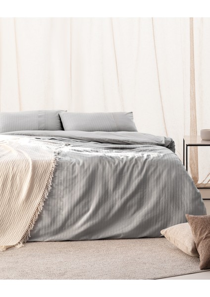 Adrien King Size %100 Pamuk Çizgili Kapaklı Nevresim Takımı - Gri