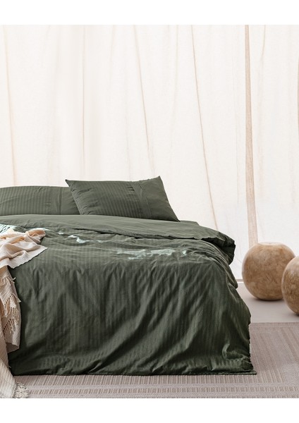 Adrien King Size %100 Pamuk Çizgili Kapaklı Nevresim Takımı - Haki