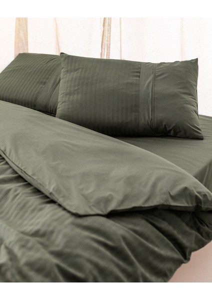 Adrien King Size %100 Pamuk Çizgili Kapaklı Nevresim Takımı - Haki modelleri