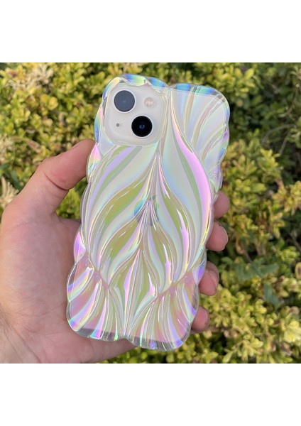 iPhone 15 Kılıf Yaprak Desenli Hologramlı Parlak Darbe Önleyici Silikon Kapak