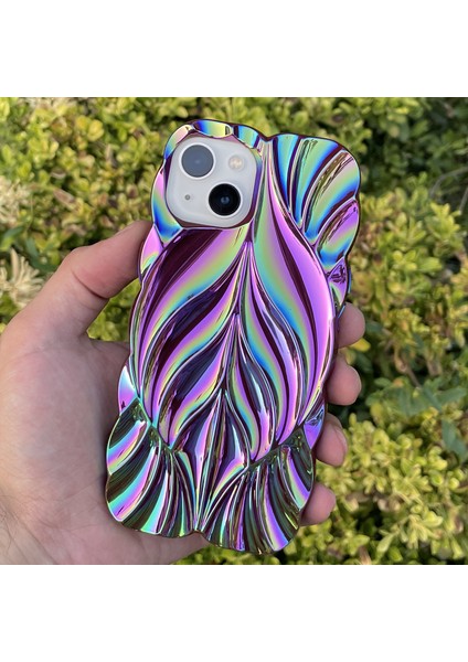 iPhone 15 Kılıf Yaprak Desenli Hologramlı Parlak Darbe Önleyici Silikon Kapak