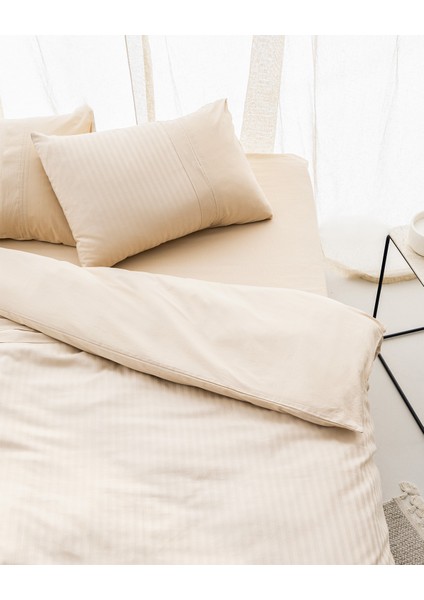 Adrien King Size %100 Pamuk Çizgili Kapaklı Nevresim Takımı - Bej fiyatları