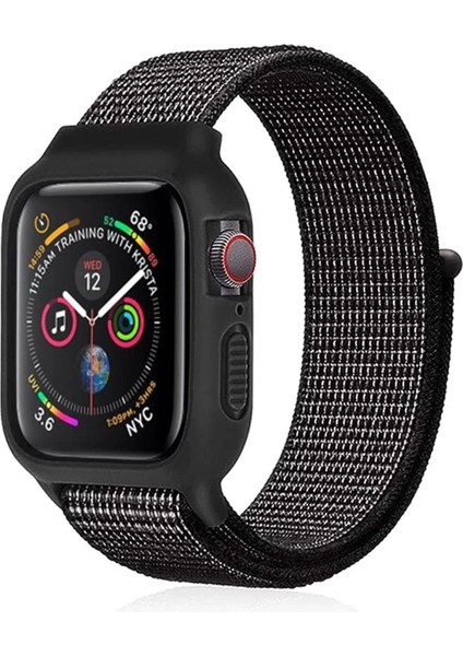 Apple Watch 42MM Hasırlı Cırtcırtlı Kasalı Kordon - Benekli Siyah