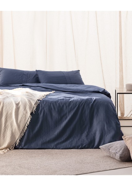 Adrien King Size %100 Pamuk Çizgili Kapaklı Nevresim Takımı - Lacivert