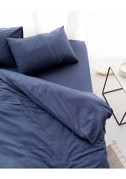 Adrien King Size %100 Pamuk Çizgili Kapaklı Nevresim Takımı - Lacivert fiyatları