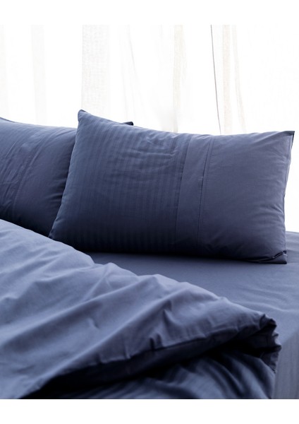 Adrien King Size %100 Pamuk Çizgili Kapaklı Nevresim Takımı - Lacivert fırsatları