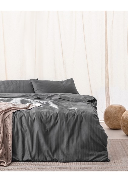 Adrien King Size %100 Pamuk Çizgili Kapaklı Nevresim Takımı - Koyu Gri