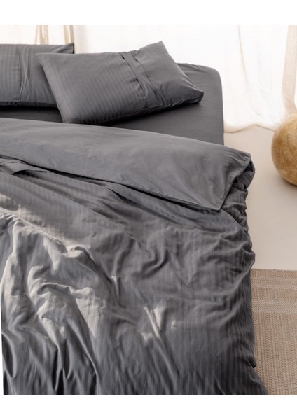 Adrien King Size %100 Pamuk Çizgili Kapaklı Nevresim Takımı - Koyu Gri fiyatları