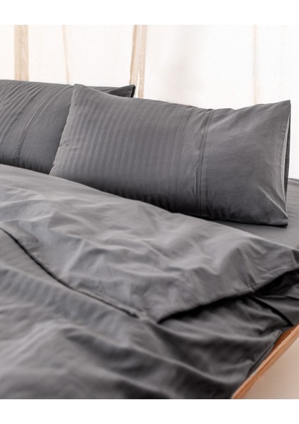 Adrien King Size %100 Pamuk Çizgili Kapaklı Nevresim Takımı - Koyu Gri modelleri