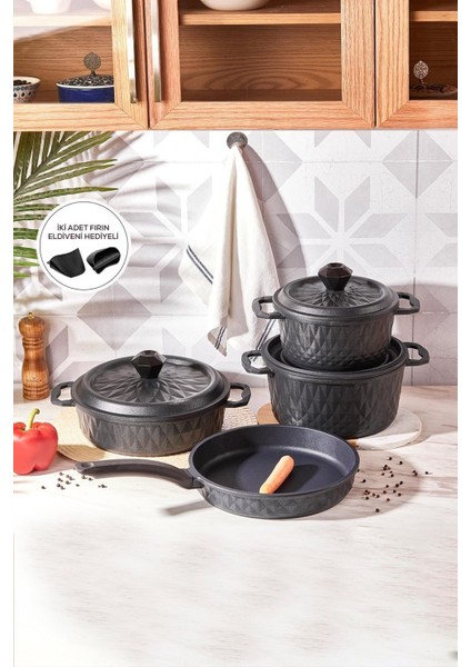 7 Parça Döküm Tencere ve Tava Seti, Fırın Eldiveni Hediyeli, Siyah