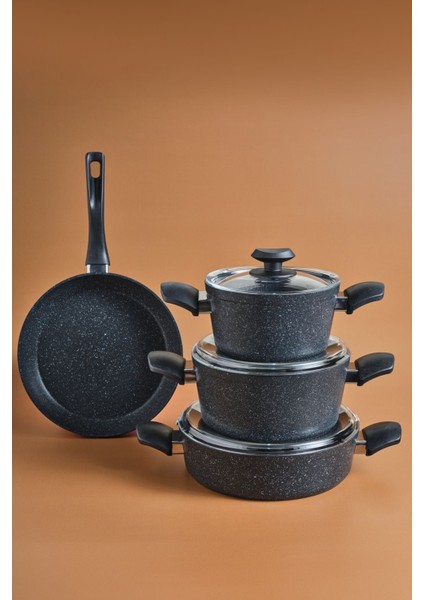 7 Parça Yapışmaz Tencere ve Tava Seti Siyah, Dayanıklı ve Şık Mutfak Takımı