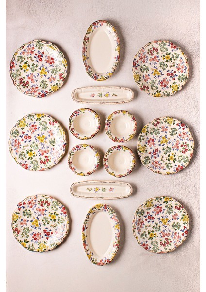 Renkli 14 Parça Porselen Kahvaltı Takımı Seti 6 Kişilik, Vintage Tuval Tasarımı