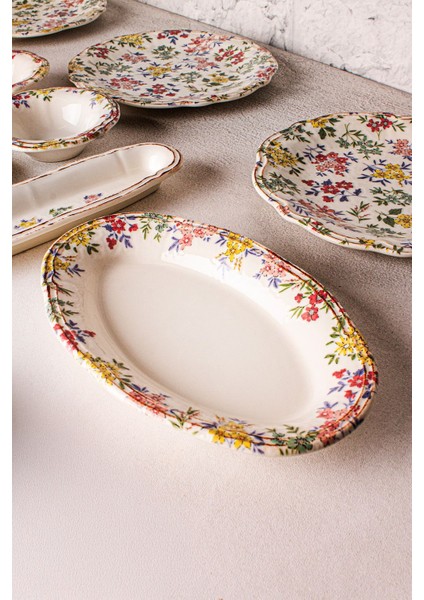 Renkli 14 Parça Porselen Kahvaltı Takımı Seti 6 Kişilik, Vintage Tuval Tasarımı