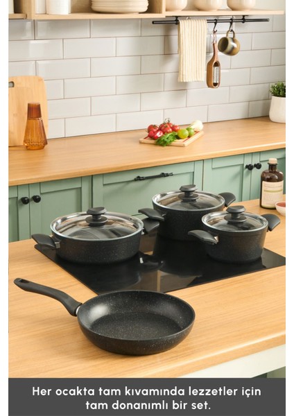 7 Parça Yapışmaz Tencere ve Tava Seti Siyah, Dayanıklı ve Şık Mutfak Takımı