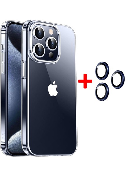 iPhone 15 Pro Max Kılıf Şeffaf Kenarları Silikon Lens Koruyuculu Kapak