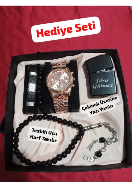 Özel Kutulu Hediyelik Çakmaklı Erkek Kombin Saat Seti ( 5 Parça'lı Aksesuar)- 6082