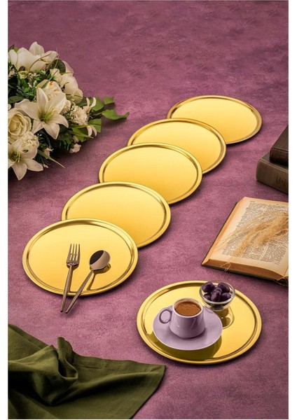 Altın Renkli 6'lı Yuvarlak Servis ve Sunum Tepsisi, Şık ve Kullanışlı Tasarım