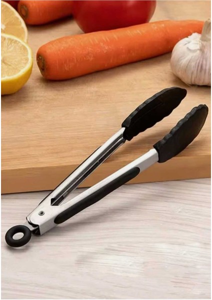 Siyah Metal Saplı Silikon Uçlu Kilitli Kızartma Maşası, Pratik ve Dayanıklı Tasarım