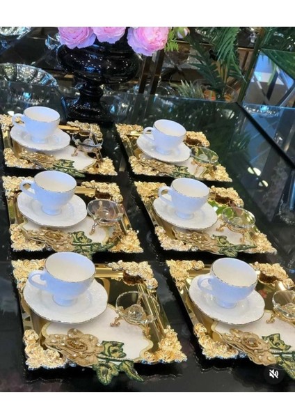 Altı Adet Gold Detaylı Paslanmaz Çelik Kahve Sunum Tepsisi Seti modelleri