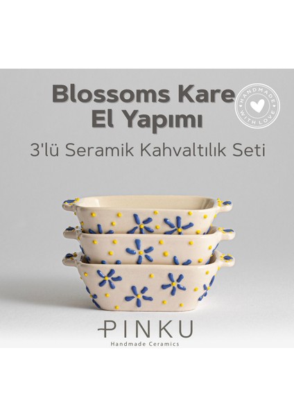 El Yapımı 3'lü Çiçekli Seramik Kahvaltı Seti, Zeytin, Reçel, Çerez Için Mükemmel
